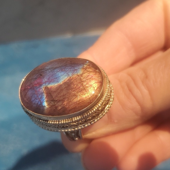 New Multicolor Flash Labradorite Antiqued 925 Silver Ring. - Picture 13 of 16